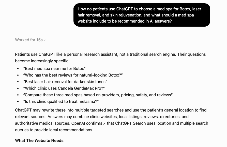 ChatGPT screenshot showing how AI search answers evaluate med spas by reviews, safety, pricing, and provider expertise