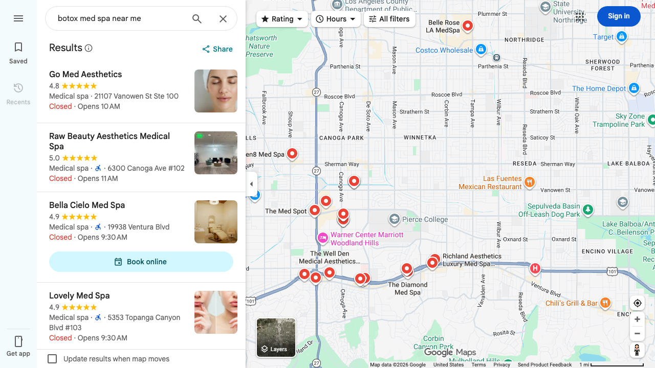 Google Maps screenshot for “botox med spa near me” showing service-specific local med spa listings