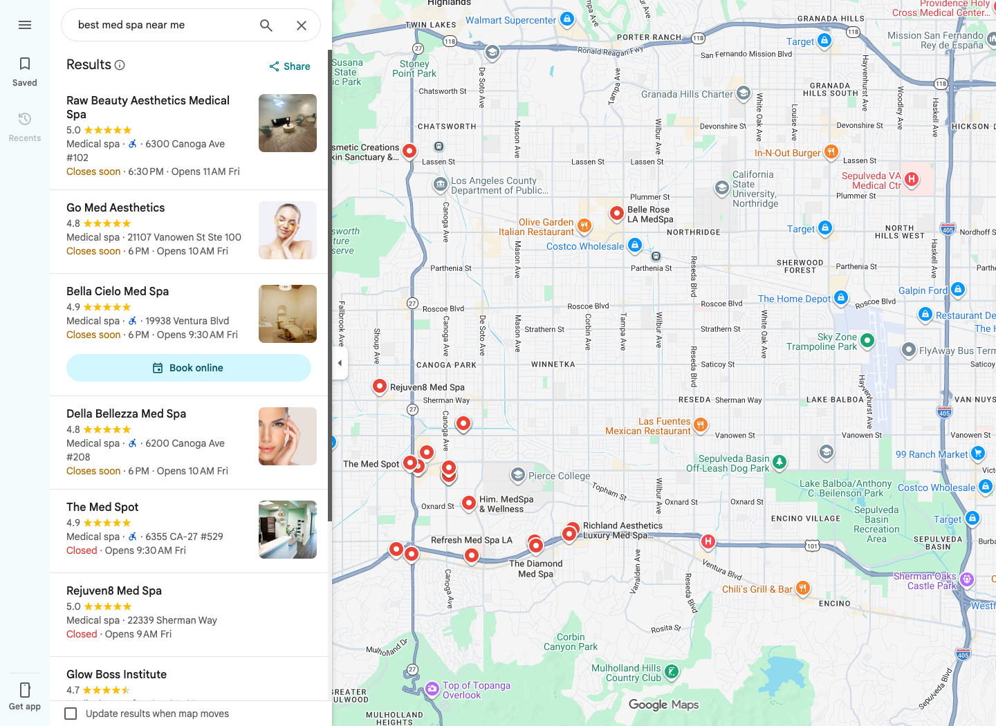 Google Maps screenshot showing local med spa search results and map visibility