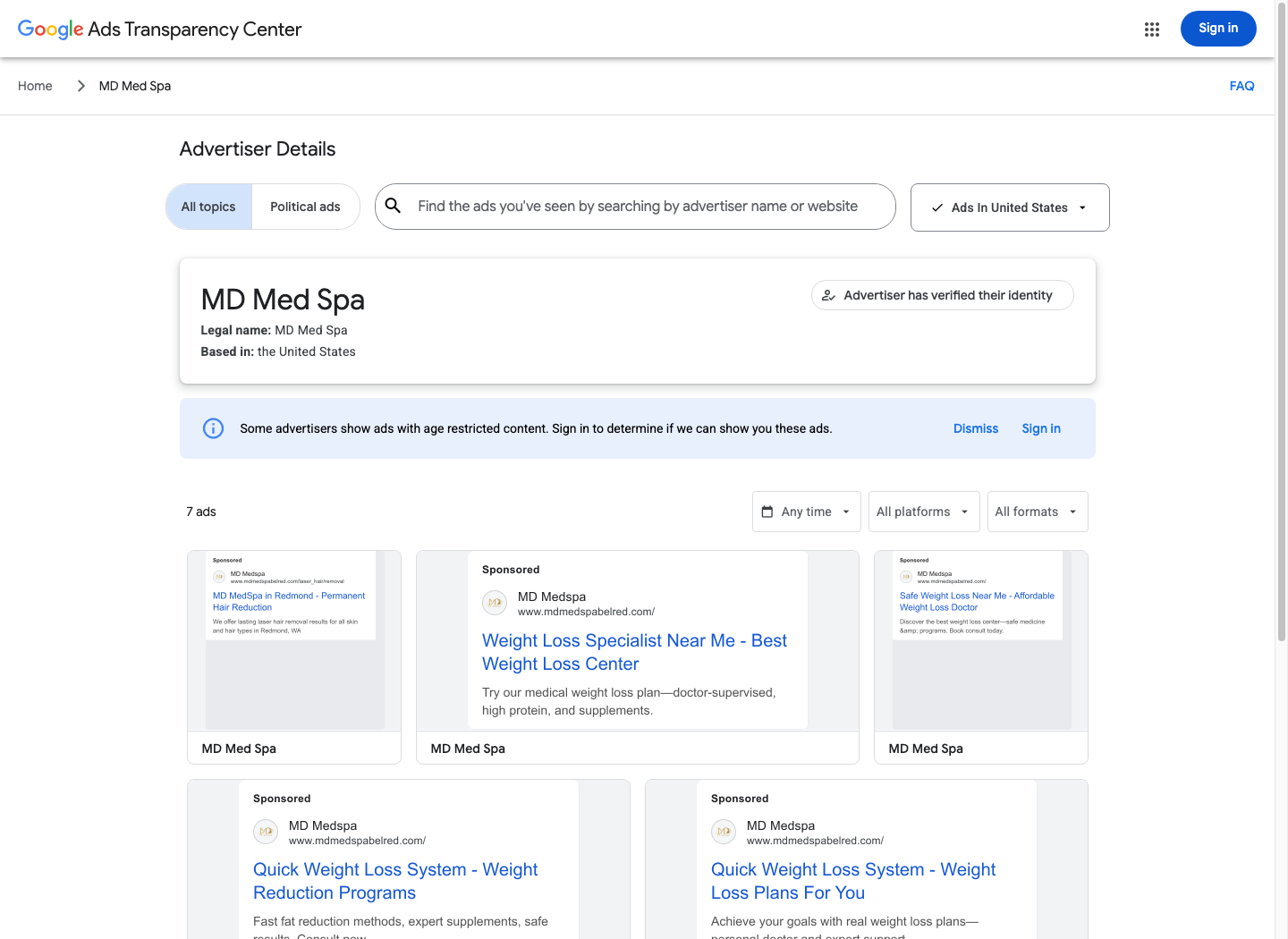 Google Ads Transparency Center screenshot showing MD Med Spa sponsored ad examples