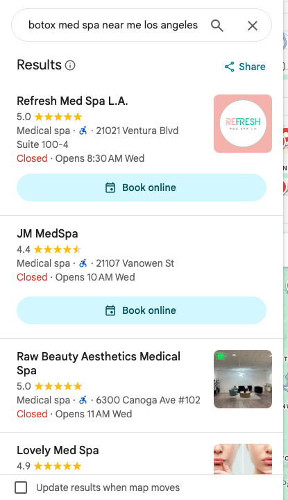 Google Maps screenshot for “botox med spa near me los angeles” showing high-intent med spa local results