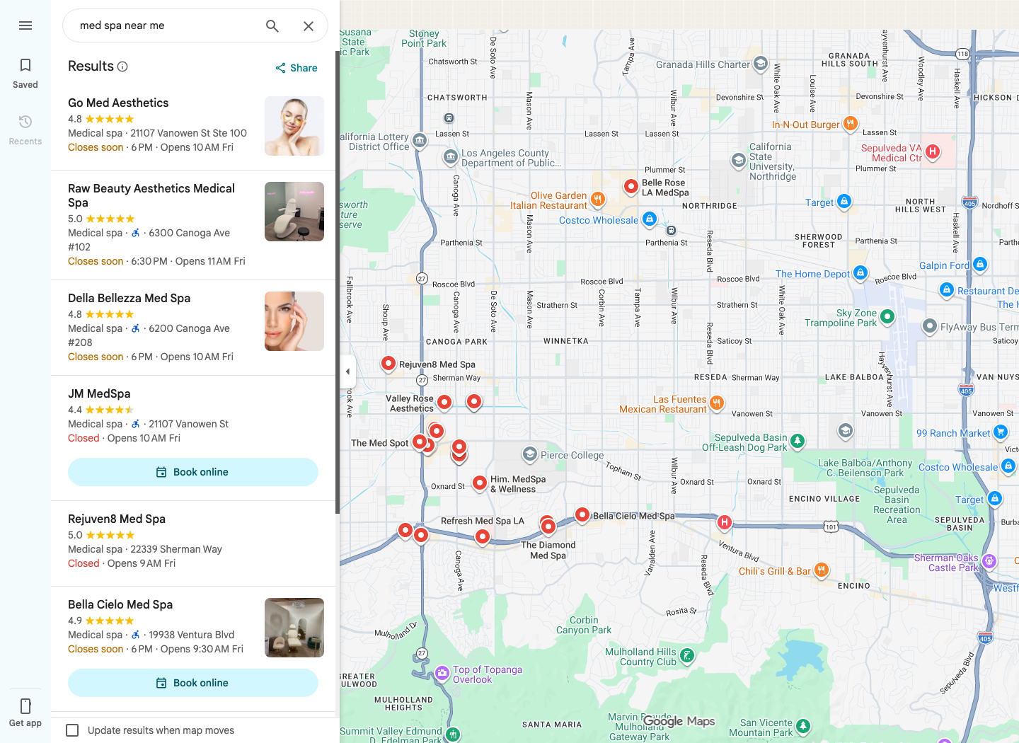 Google Maps local pack screenshot showing med spa listings, reviews, and map visibility