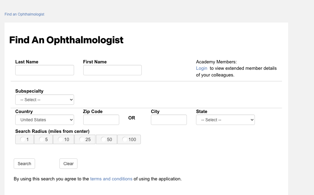 American Academy of Ophthalmology directory screenshot showing find-an-ophthalmologist citation source