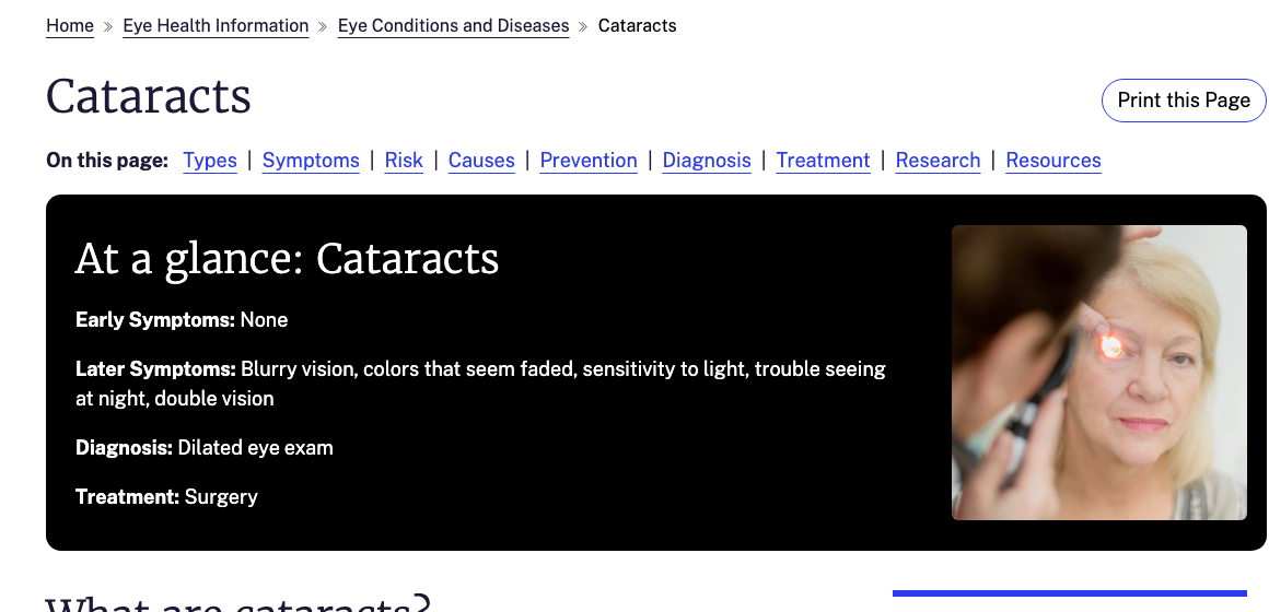 National Eye Institute screenshot showing educational cataracts content for ophthalmology patients