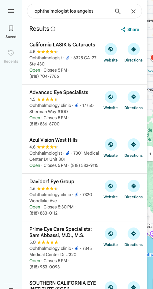 Google Maps screenshot for “ophthalmologist los angeles” showing local ophthalmology practice listings and ratings