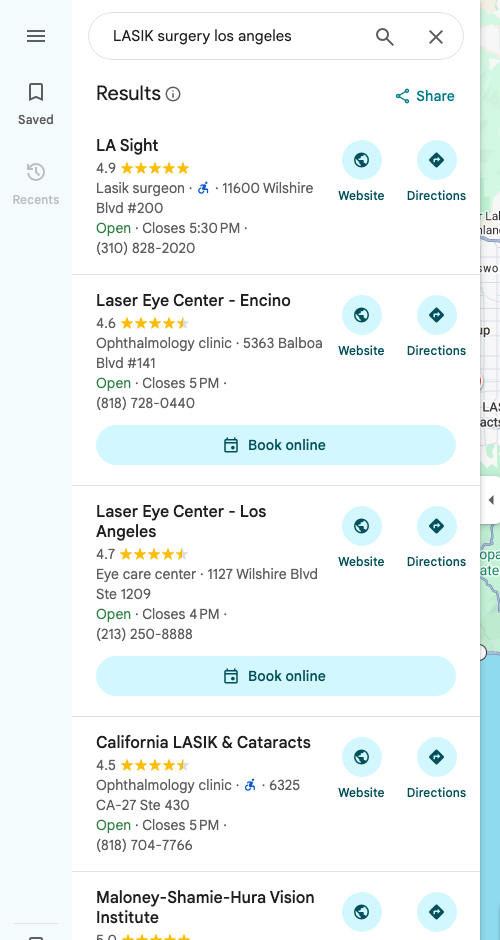 Google Maps screenshot for “LASIK surgery los angeles” showing service-specific ophthalmology search intent