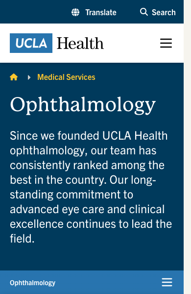 Mobile browser screenshot of an ophthalmology service page showing responsive healthcare website content