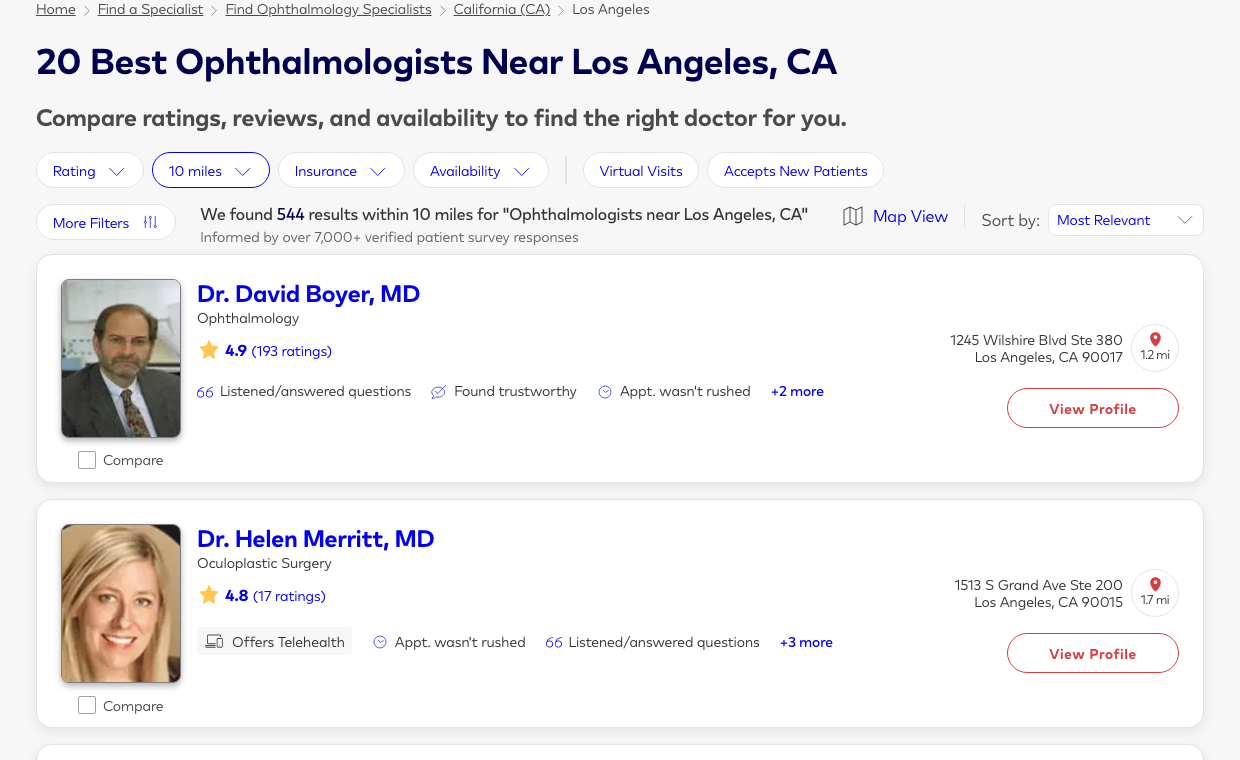 Healthgrades screenshot showing Los Angeles ophthalmologist directory listings and review signals