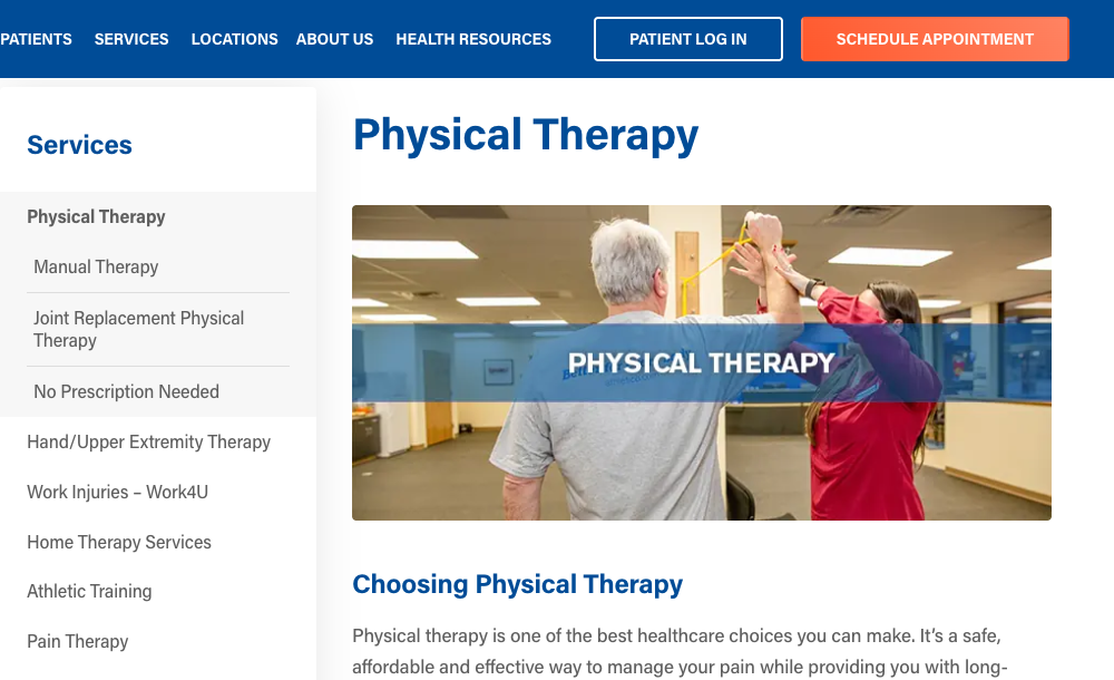 Athletico physical therapy landing page screenshot showing a schedule appointment CTA and service page content