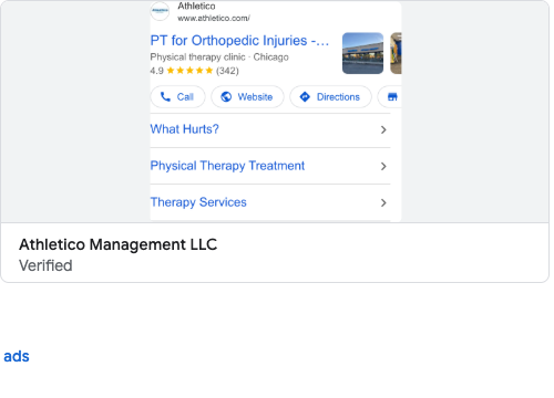 Google search ad preview screenshot showing high-intent physical therapy treatment queries for Athletico