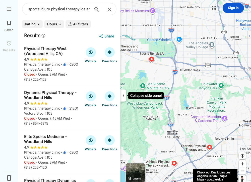 Google Maps screenshot for “sports injury physical therapy los angeles” showing treatment-specific patient intent