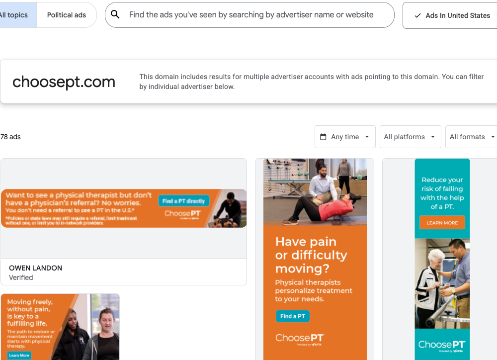 Google Ads Transparency Center screenshot showing ChoosePT physical therapy ad creatives