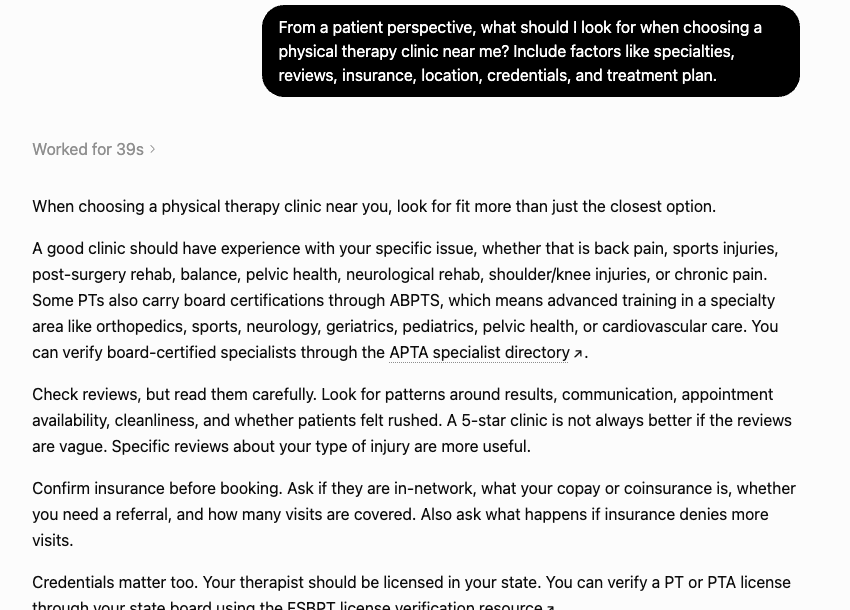 ChatGPT screenshot showing an AI answer about choosing a physical therapy clinic based on specialties, reviews, insurance, credentials, and treatment plans