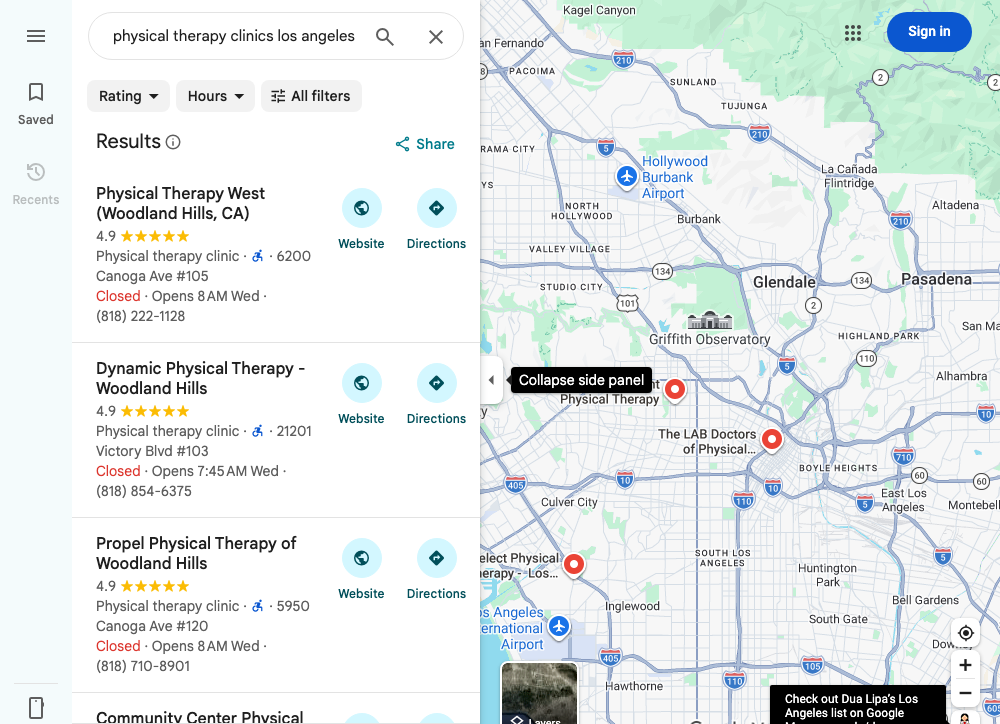 Google Maps screenshot for “physical therapy clinics los angeles” showing multi-location local listings