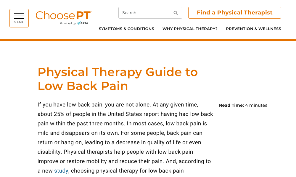 ChoosePT article screenshot showing educational physical therapy content for low back pain