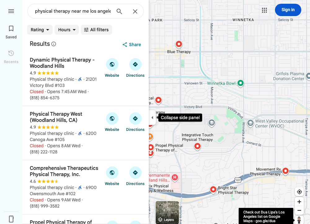 Google Maps screenshot for “physical therapy near me los angeles” showing local physical therapy listings
