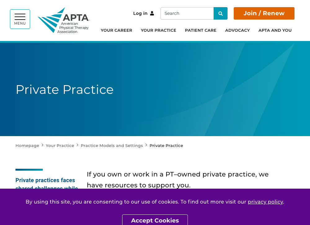 APTA website screenshot showing an authoritative physical therapy association page for healthcare link building