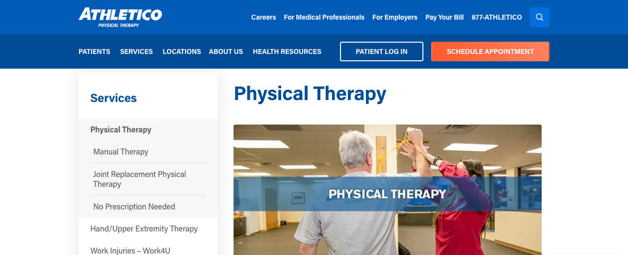 Athletico physical therapy service page screenshot showing optimized on-page SEO structure for physical therapy services