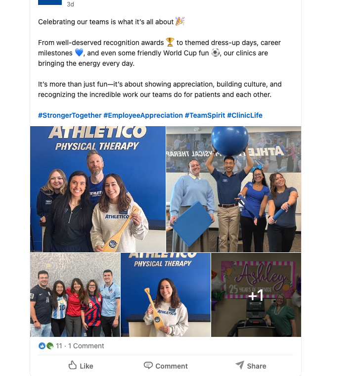 LinkedIn screenshot showing Athletico Physical Therapy social media updates and clinic content