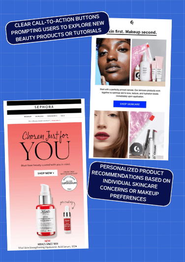 Beauty marketing email CTA and product recommendation page preview