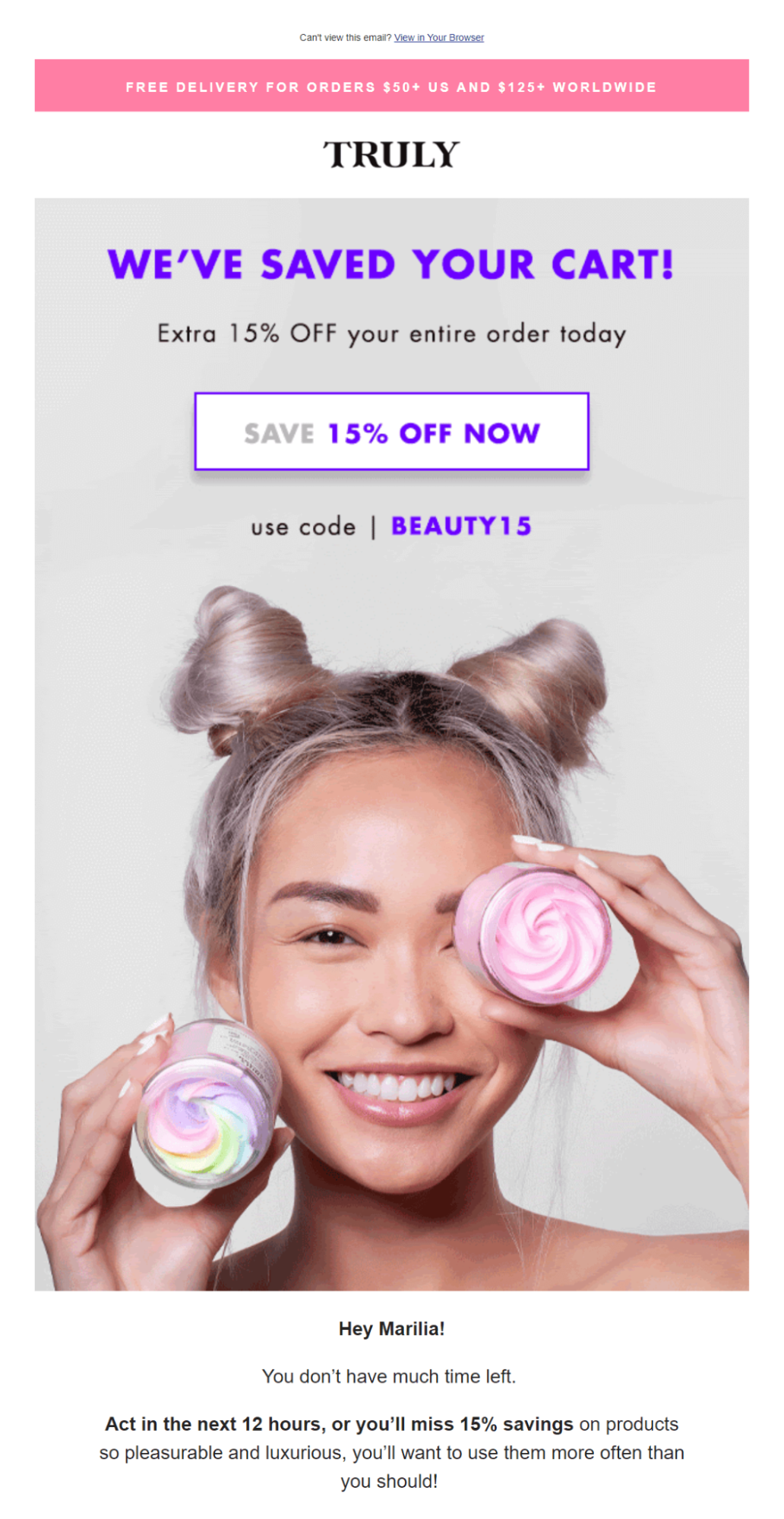 Beauty purchase-history email example requesting a product review