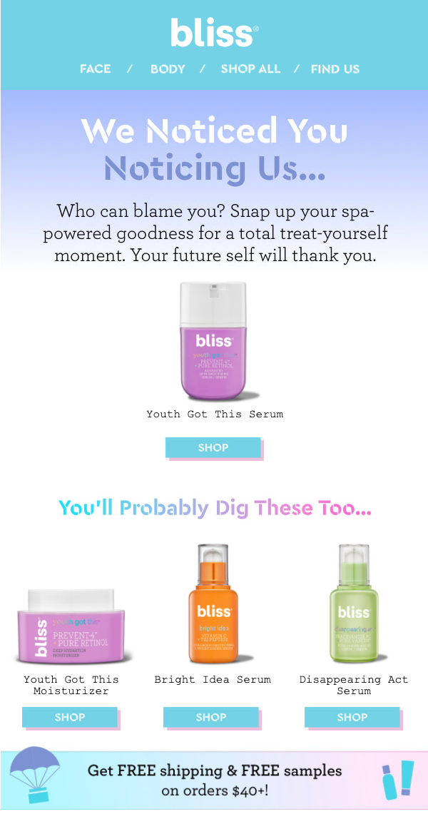 Beauty replenishment email with moisturizing cream product recommendations