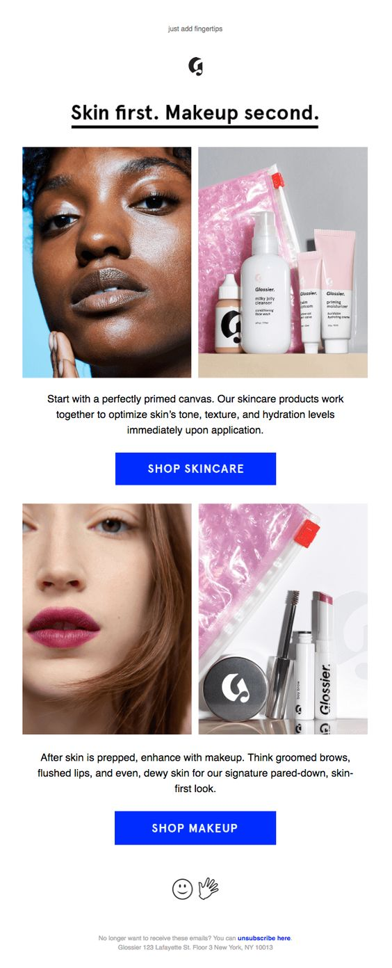 Beauty campaign example showing product discovery calls to action