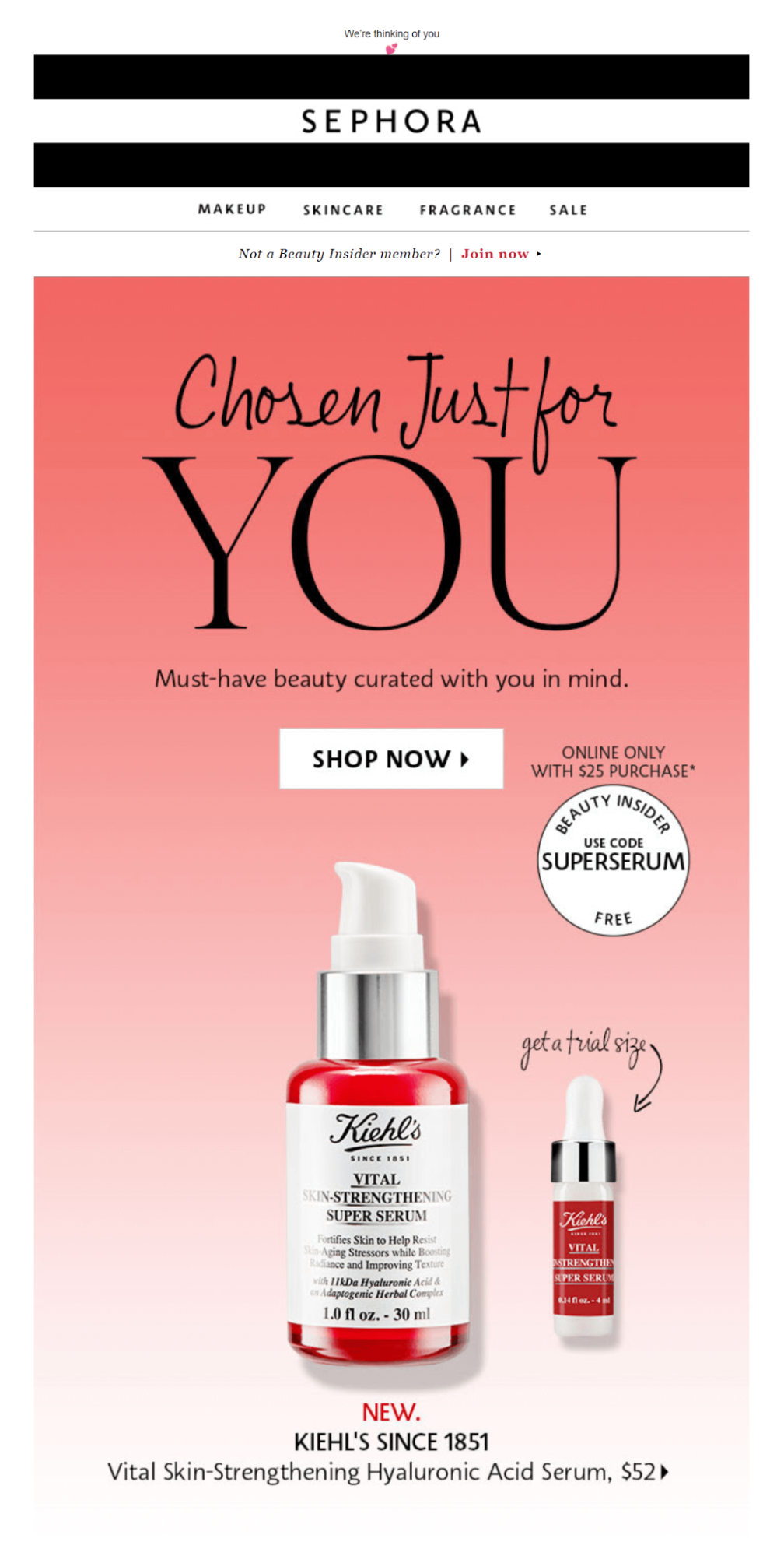 Beauty email creative with product recommendation positioning