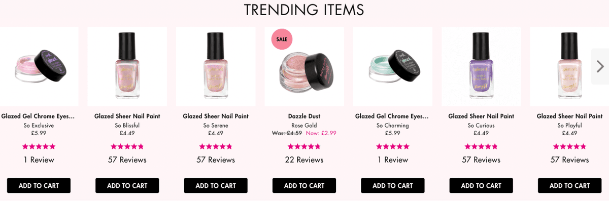 Beauty homepage row of trending products with prices, reviews, and buy buttons