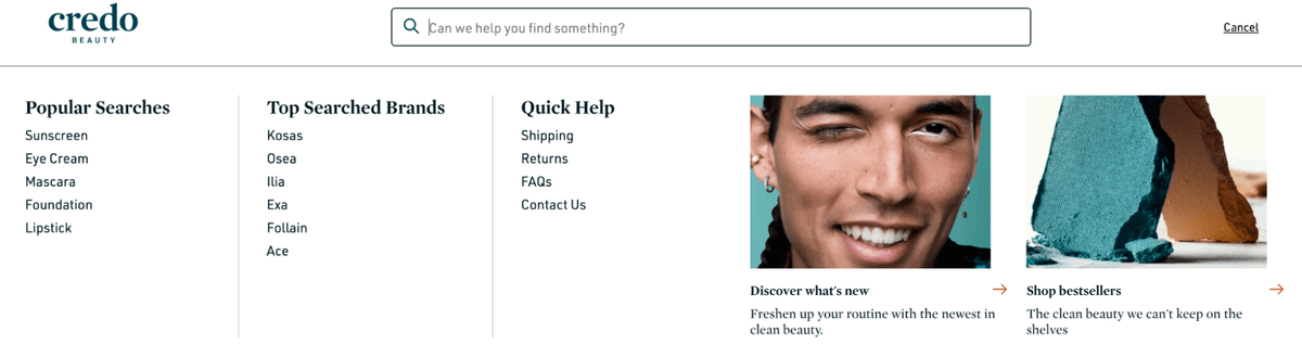 Credo search menu with popular searches and help links
