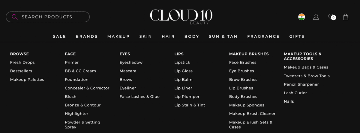 Cloud10 beauty category menu