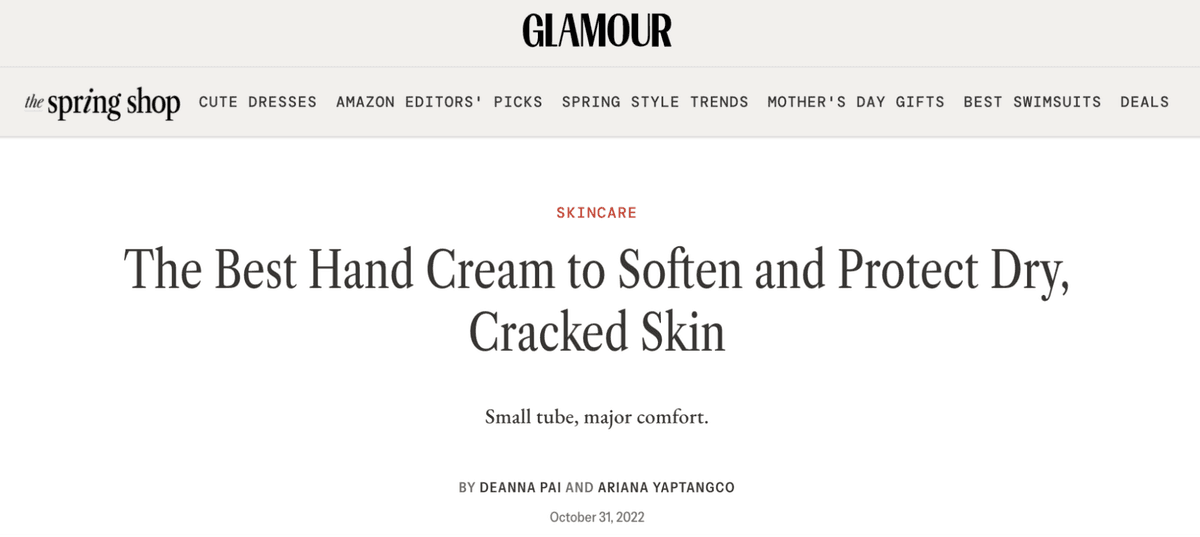 Glamour article about hand cream for dry skin