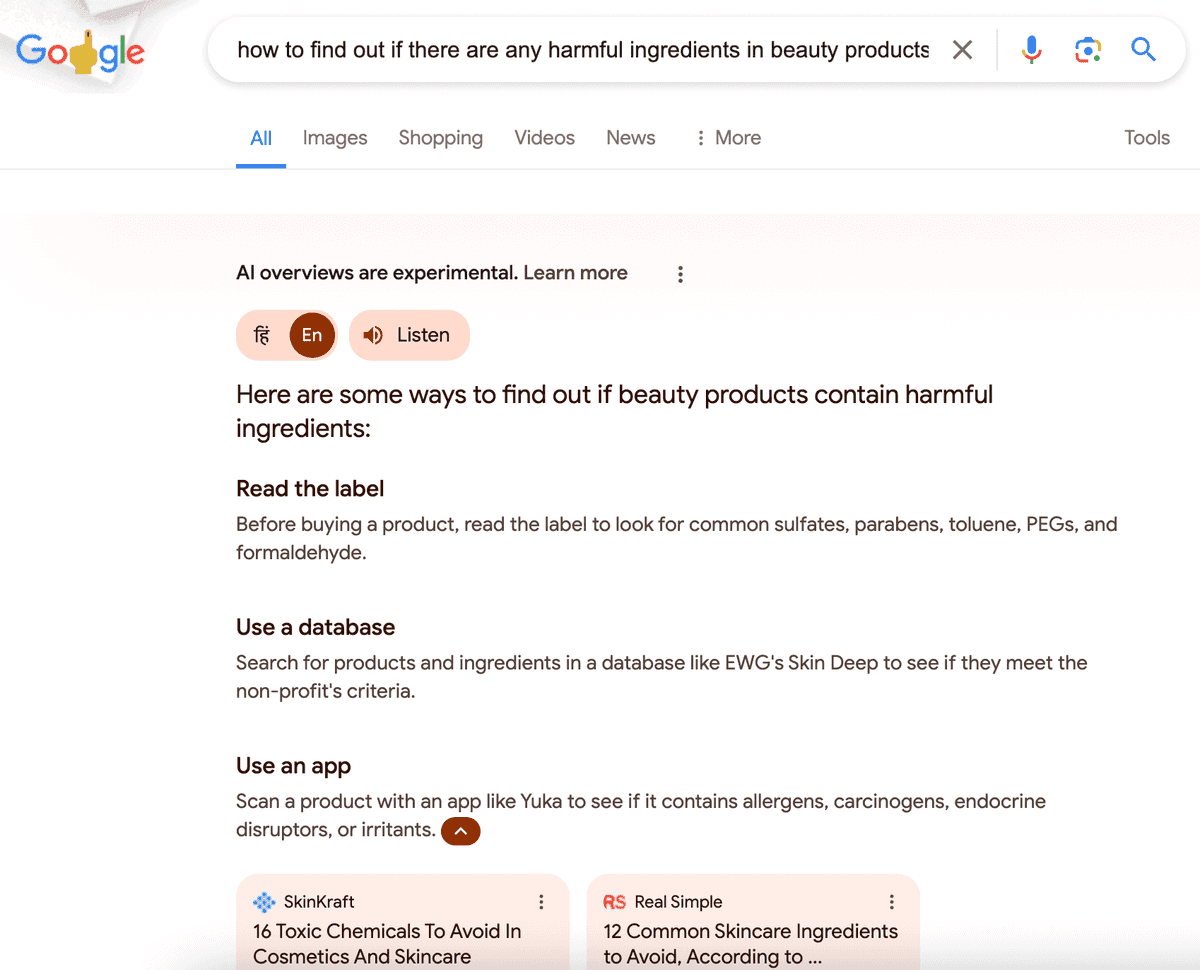 Google answer about beauty product ingredients pulled from a page passage