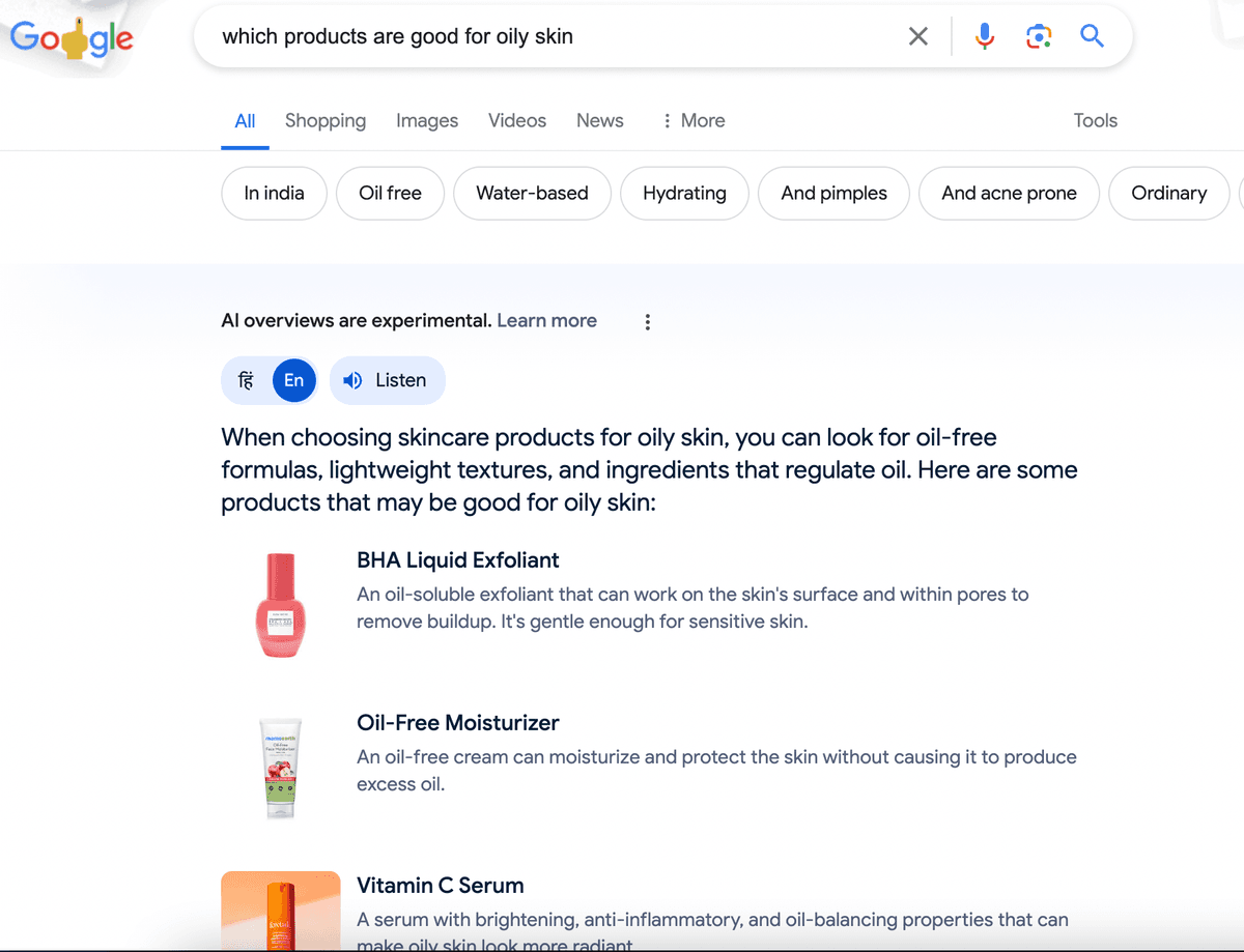 Google answer with skincare product examples pulled from a page passage