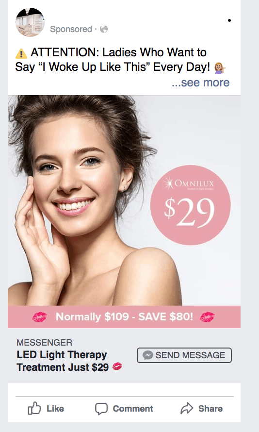 Beauty treatment ad with a promotional offer