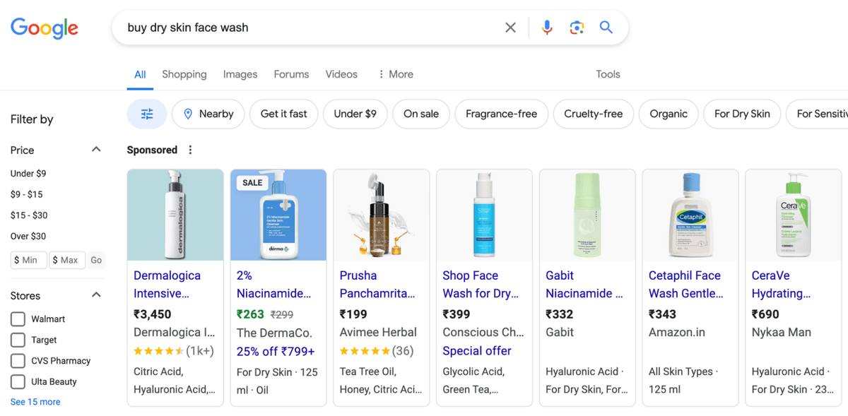 Beauty product shopping results with product images and prices