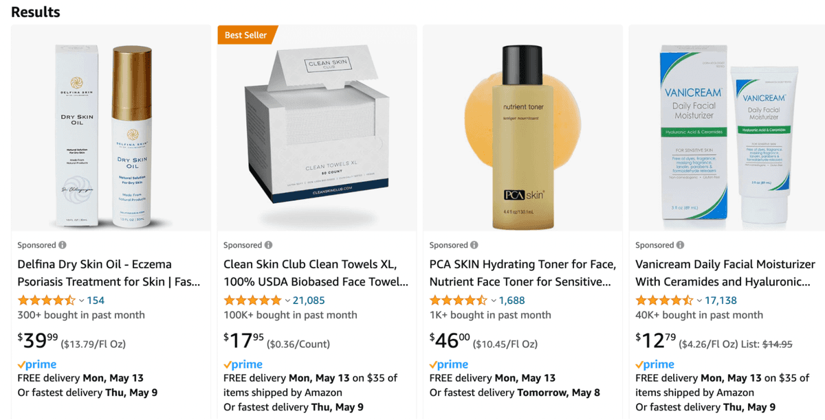 Amazon beauty search results with prices and reviews