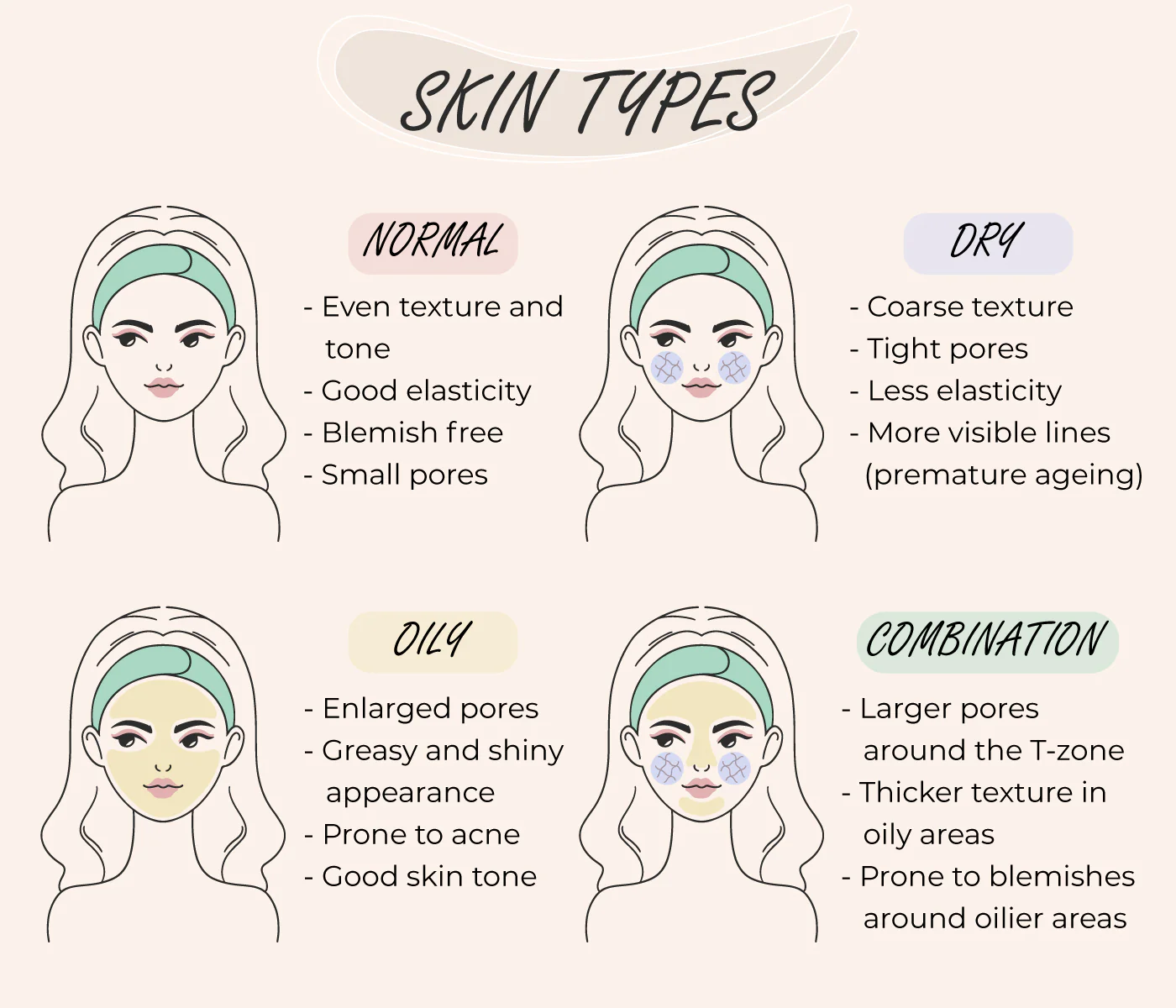 Illustrated skin type segmentation examples for dry, oily, combination, and sensitive skin
