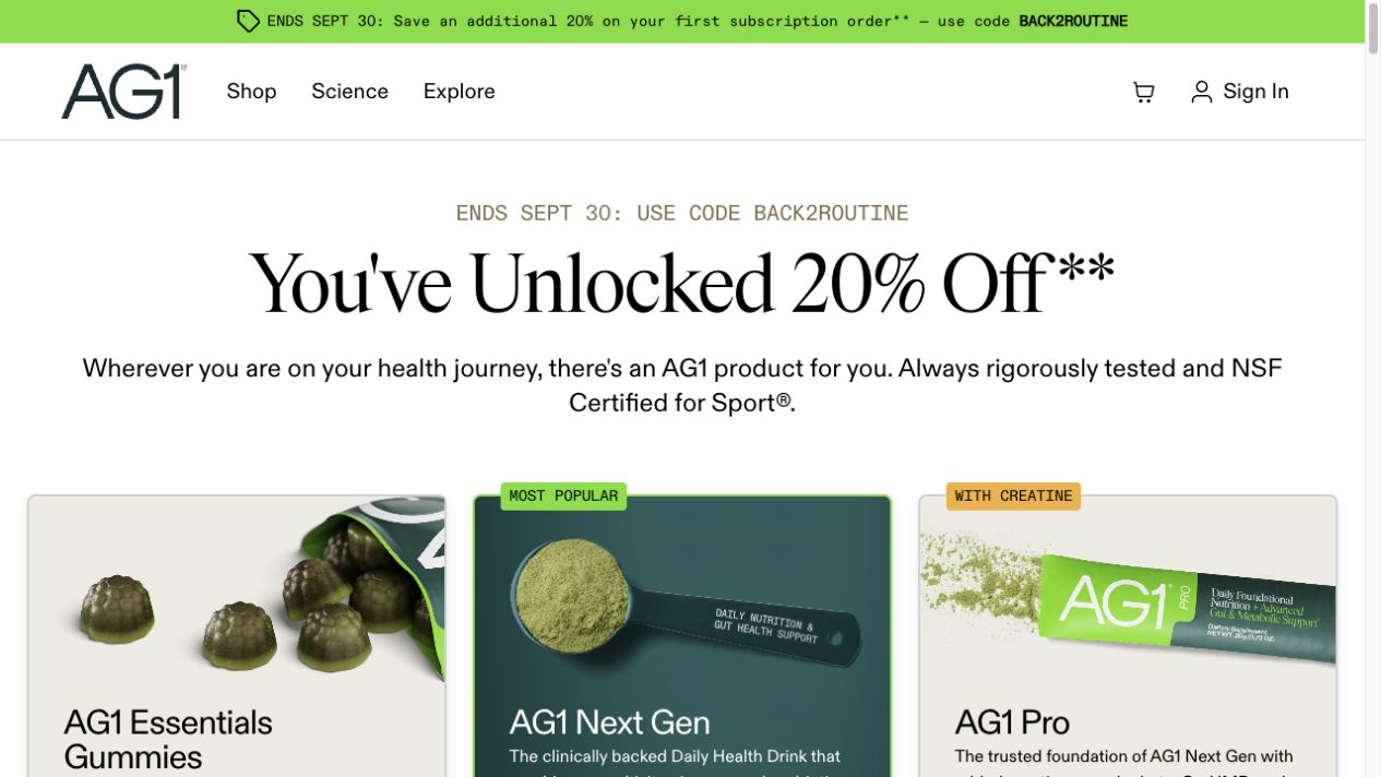 AG1 product comparison landing page showing one campaign offer, clear positioning, three product choices, and differentiated product cards