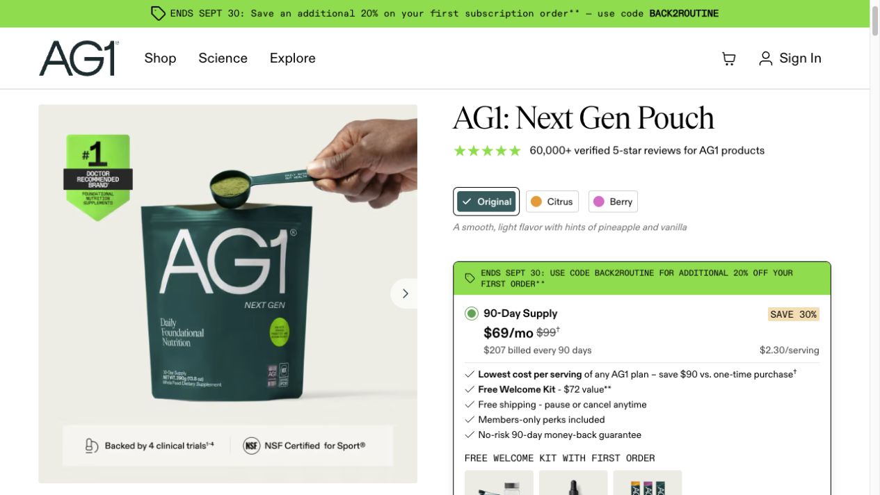 AG1 product page showing a 90-day subscription option with monthly equivalent, billing cadence, savings, cost per serving, benefits, and pause-or-cancel language