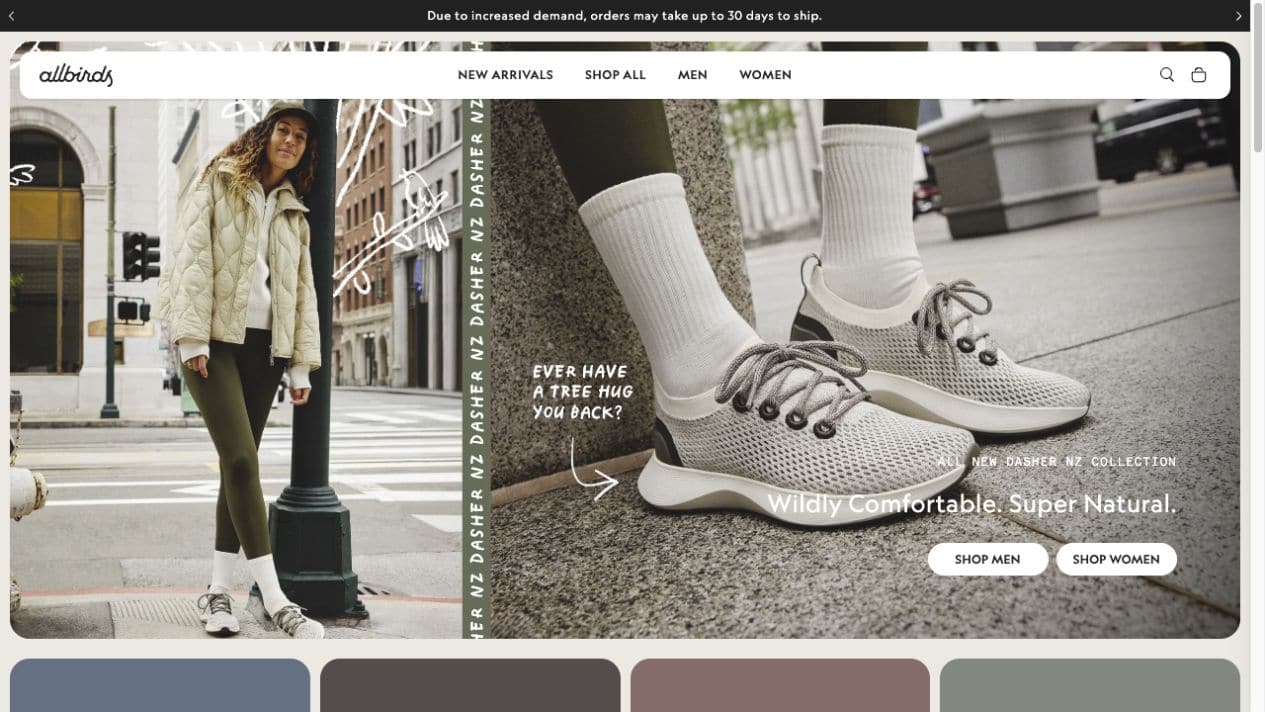Allbirds storefront showing product-led merchandising, category navigation, and direct shopping paths