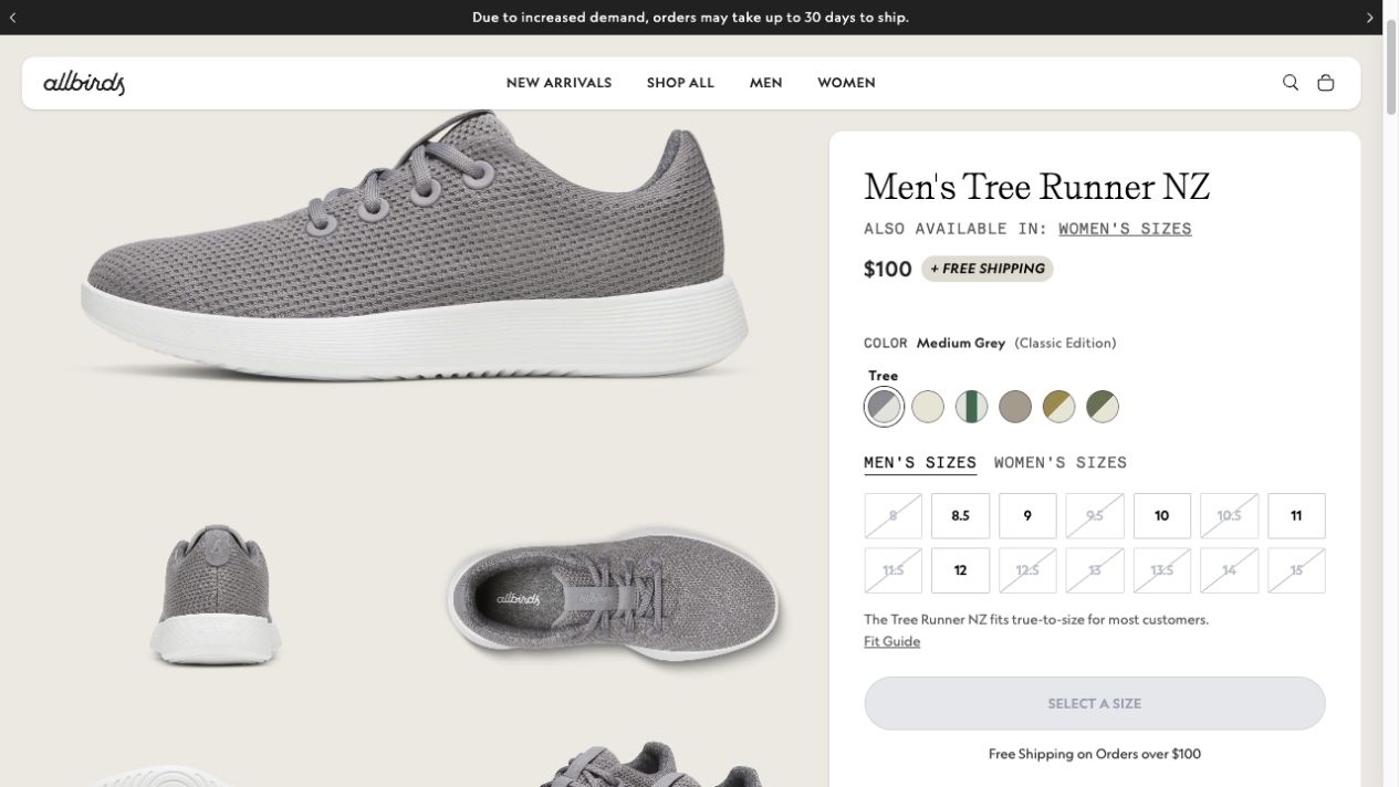 Allbirds Tree Runner product page showing the product title, primary images, price, color, sizes, availability, and shipping message
