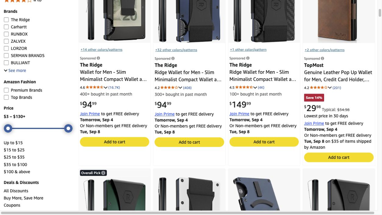Amazon search results for Ridge Wallet showing sponsored Ridge products beside alternatives with prices, ratings, delivery promises, and add-to-cart controls