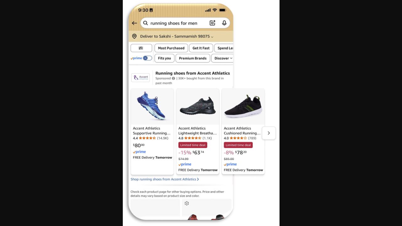 Amazon search result showing a sponsored brand collection with product cards, prices, ratings, deals, and delivery