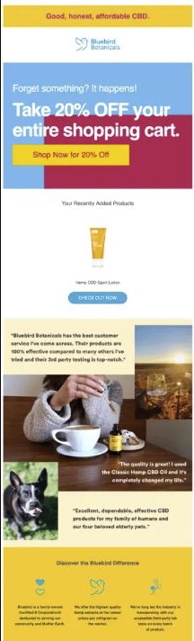 Bluebird Botanicals abandoned-cart email showing an offer, saved product, call to action, customer proof, and brand benefits