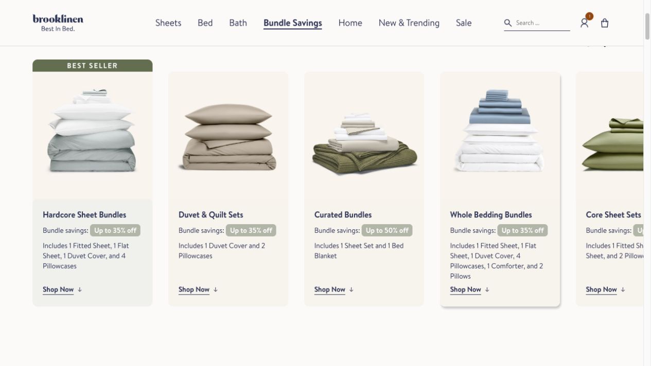 Brooklinen bundle catalog comparing bundle types, included products, savings, and shopping paths