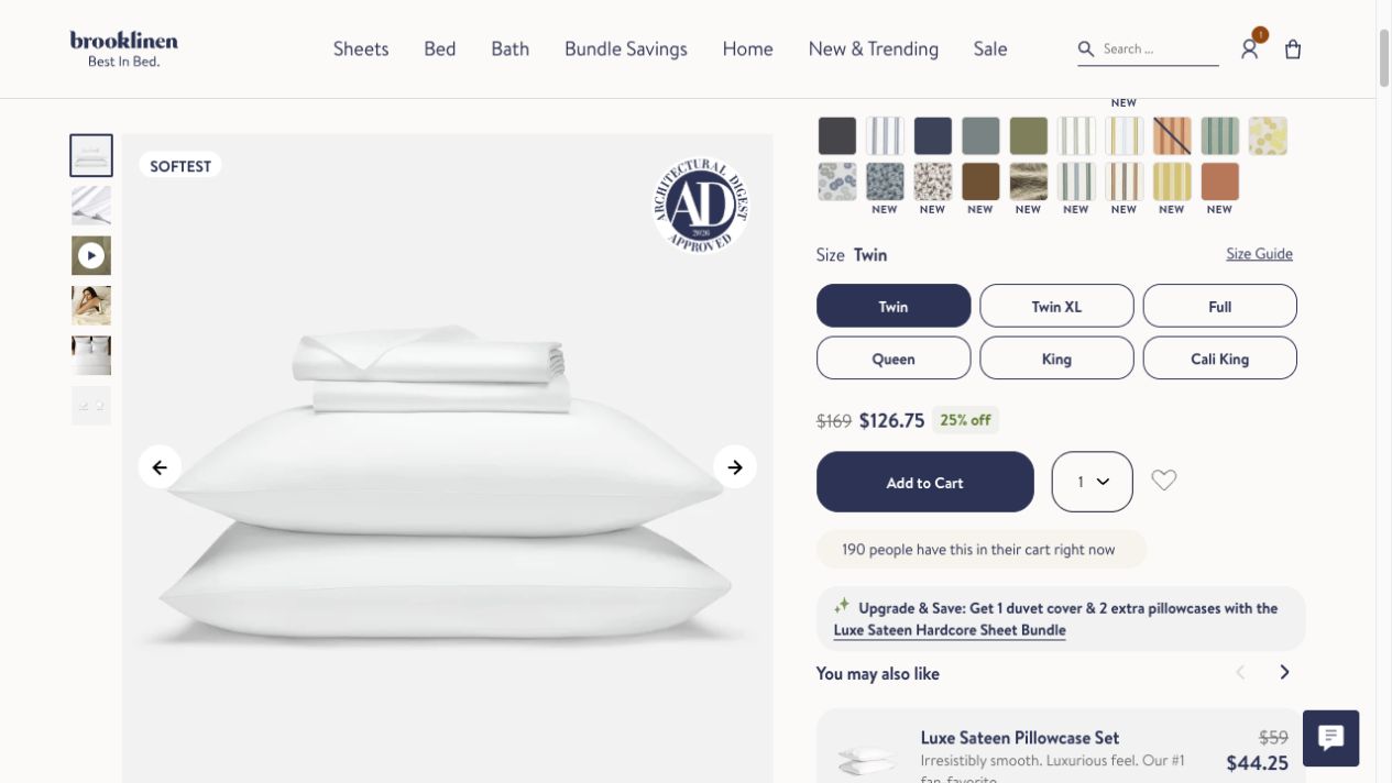Brooklinen Luxe Sateen product page showing product imagery, variants, sizes, sale pricing, review proof, and add-to-cart controls