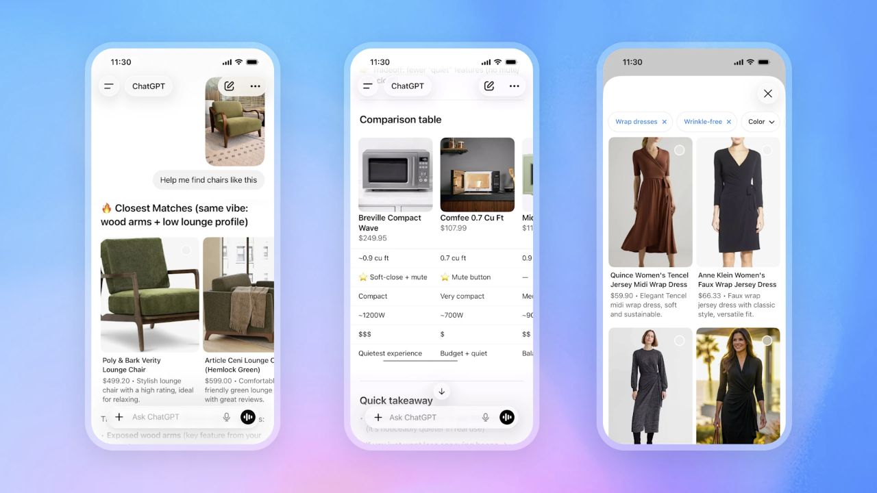 ChatGPT shopping interfaces showing visual product matching, a comparison table, and filtered product discovery