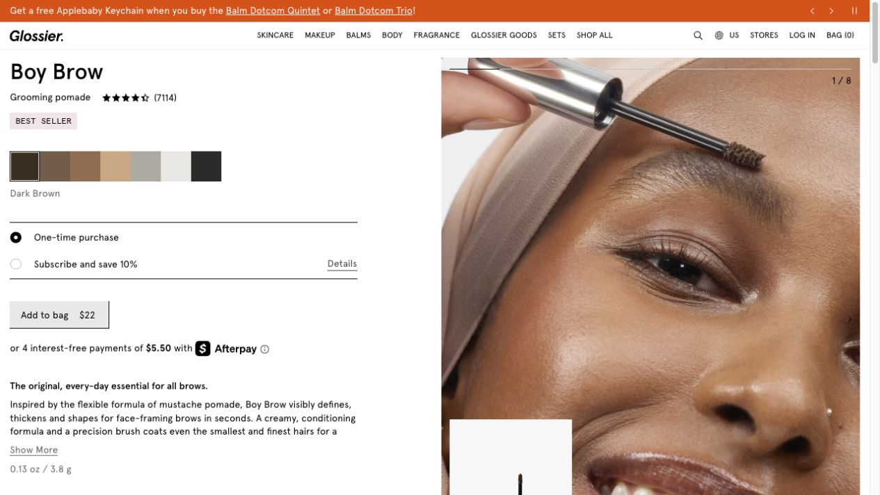 Glossier product detail page with imagery, reviews, options, and purchase controls