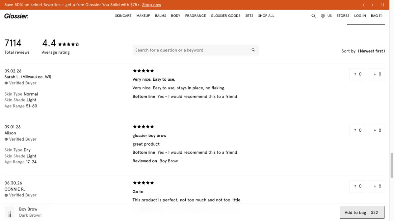 Glossier Boy Brow review section showing verified buyers, customer attributes, review search, sorting, ratings, and review text